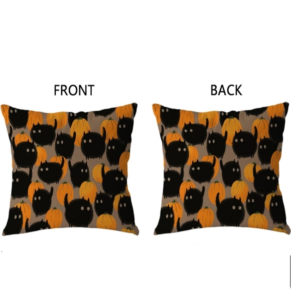 Set 2 Black Cats Pumpkins Pillow Covers Square Cat Gift Pillows New - Picture 3 of 6